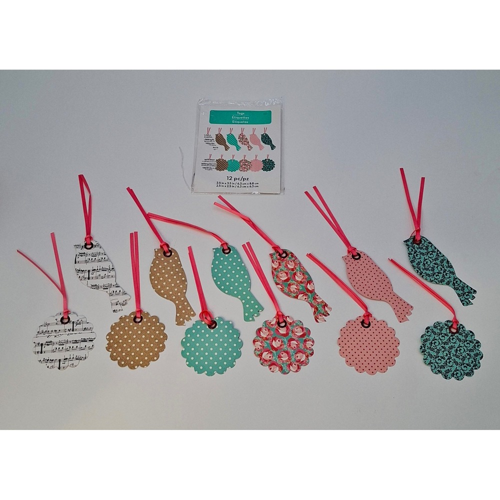 Michaels Melodies and Lace Bird Scallop Gift Tags 12pc Floral Polka Dot Ribbon